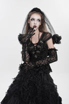 Black V Collar Short Sleeves Embroidered Lace Lace-Up Slim Women's Gothic Top