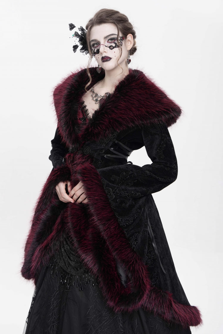Red Long Sleeves Floral Embroidery Women's Gothic Fluffy Coat