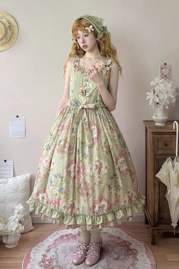 Green [Cat Rose Tea] Sleeveless Print Ruffle Bowknot Sweet Lolita Jsk Dress