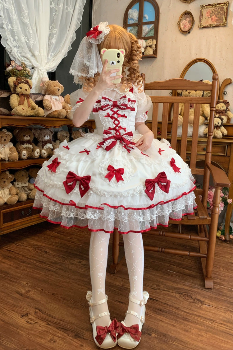 White/Red [Sweetheart] Sleeveless Multi-Layered Embroidered Bow Lace Lace-Up Sweet Lolita Jsk Dress