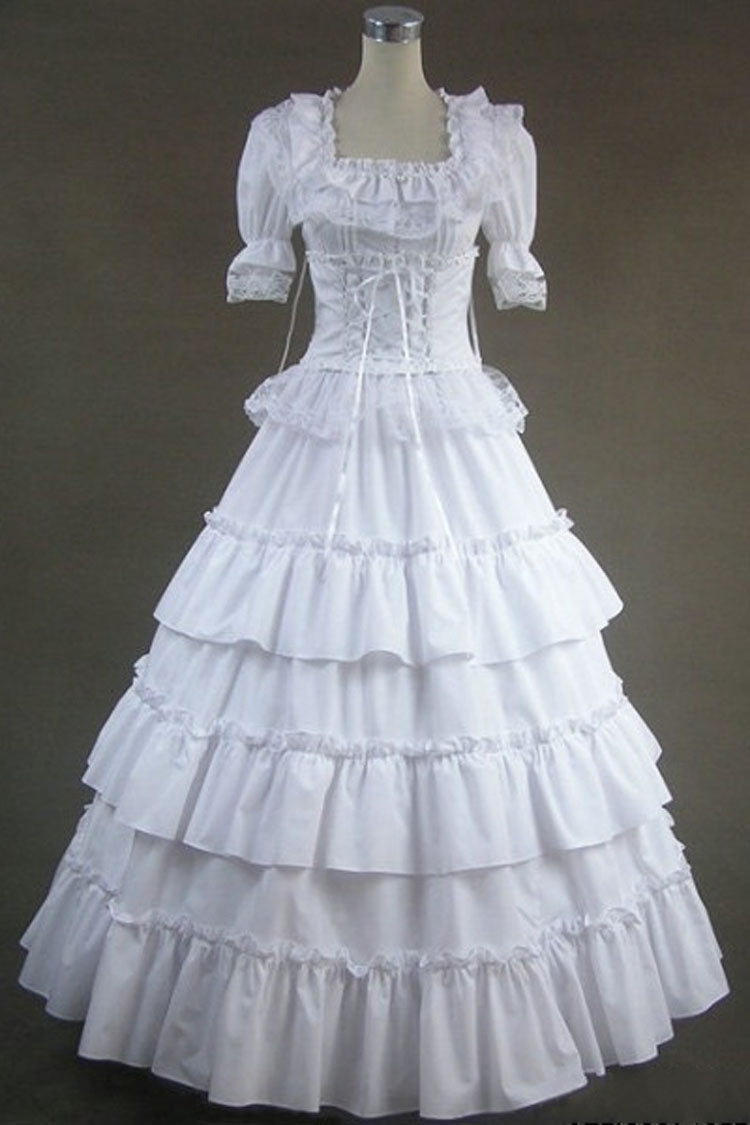 White Cotton Square Collar Short Sleeves Floor Length Multi-Layer Victorian Gothic Lolita Dress