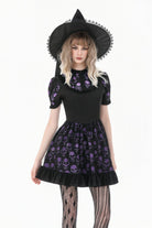 Black/Purple Short Puff Sleeves Skull Printed Lace-Up Women's Lolita Gothic Dress