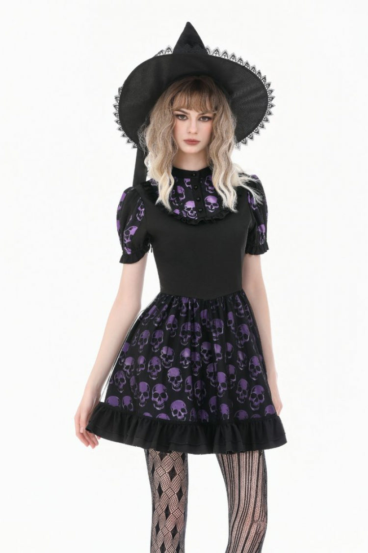 Black/Purple Short Puff Sleeves Skull Printed Lace-Up Women's Lolita Gothic Dress