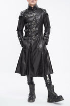 Black Stand Collar Multi Buckle Faux Long Leather Men's Punk Coat
