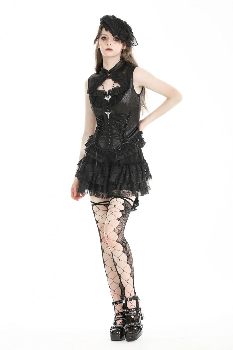 Black Sleeveless Cut-Out Lace Trim Side Lace-Up Women's Gothic Sexy Corset Top