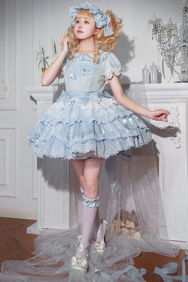 Blue [Whale] Lapel Collar Short Sleeves Triple-Layered Ruffle Embroidery Sweet Lolita Dress