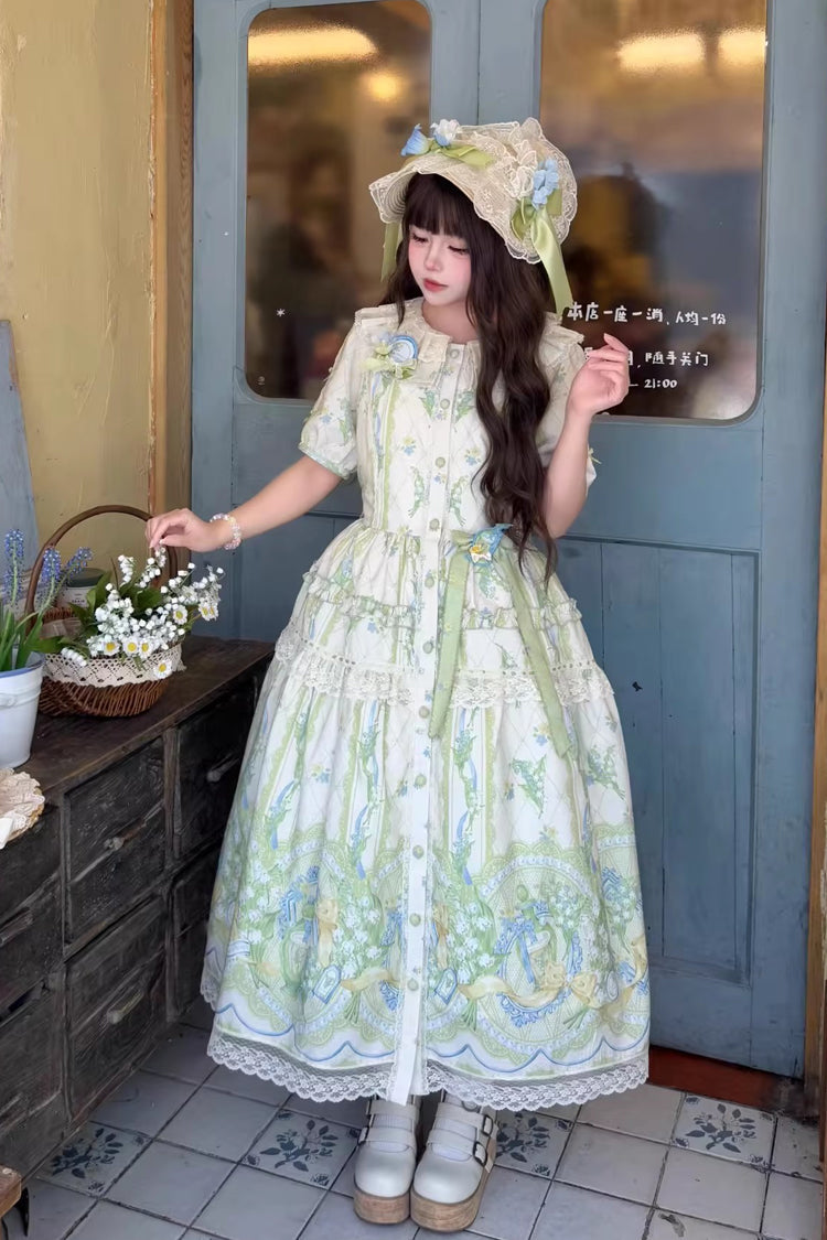 Ivory/Green [Lily of the Valley Perfume] Pearl Candy Tea Doll Collar Short Sleeves Printed Lace Plus Size Sweet Lolita OP Dress