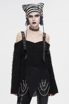 Black Irregular Off Shoulder Fluffy Women's Punk Sweater