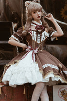 White/Brown Bear Detective Short Sleeves Ruffle Cardigan Bowknot Gothic Punk Lolita Dress