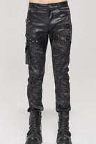 Black Punk Do Old Print Detachable Multi-Pocket Splicing Metal Rivet Decoration Men's Long Pants