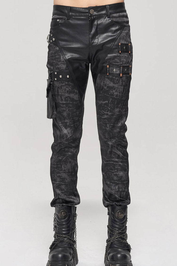 Black Punk Do Old Print Detachable Multi-Pocket Splicing Metal Rivet Decoration Men's Long Pants