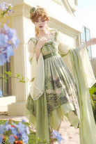 Green [Blooming Roses] Print Oil Painting Chiffon Ruffle Bowknot Irregular Sweet Lolita Jsk Dress