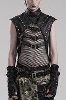 Black Faux Leather Stitching Mesh Sheer Metal Rivets Mens Steampunk Vest