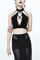 Black Chest Lace Up Dense Velvet Moon Pendant Backless Women's Gothic Vest