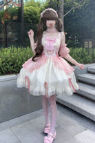 White/Pink [Sweet Sakura Bow] Sleeveless Double-Layered Ruffled Bow Sweet Princess Lolita Jsk Dress