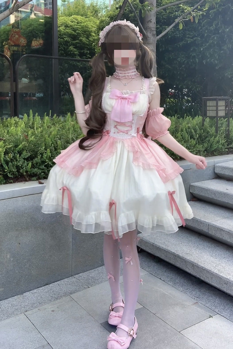 White/Pink [Sweet Sakura Bow] Sleeveless Double-Layered Ruffled Bow Sweet Princess Lolita Jsk Dress