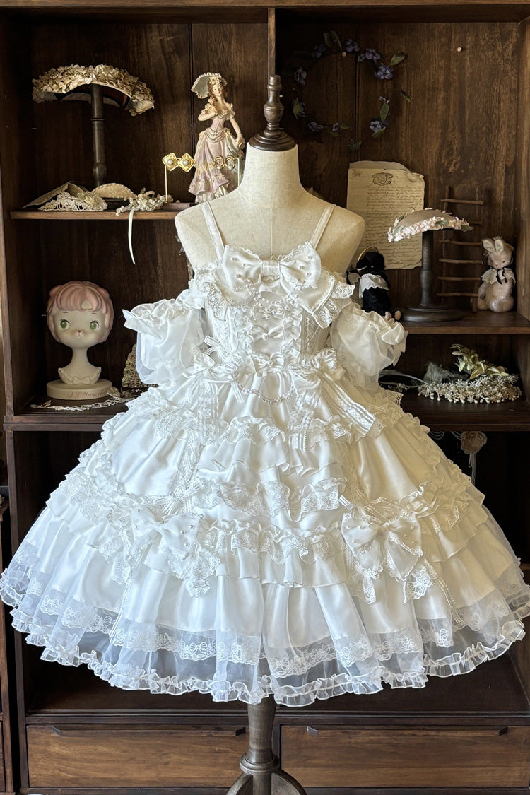 White [Spring Cherry Snowfall] Off Shoulder Short Sleeves Multi-Layered Ruffled Bow Sweet Lolita Jsk Dress