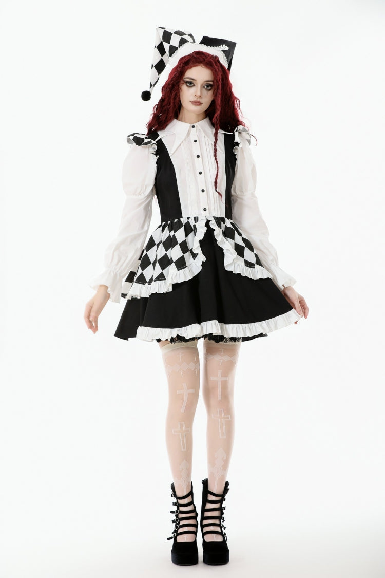 Black/White Harlequin Sharp Point Collar Long Puff Sleeves Women's Lolita Gothic Dress