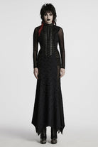 Black Stand Collar Long Sleeves Stitching Mesh Ripped Women's Punk Fishtailed Dress