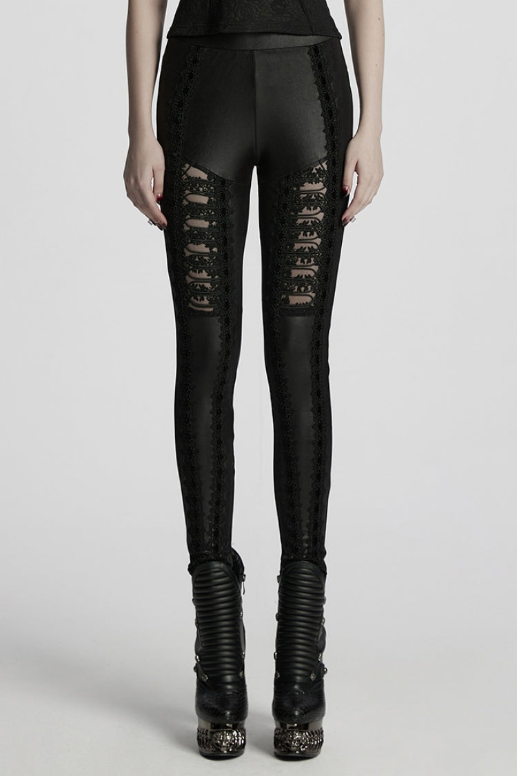 Black Floral Embroidery Women's Gothic Leggings