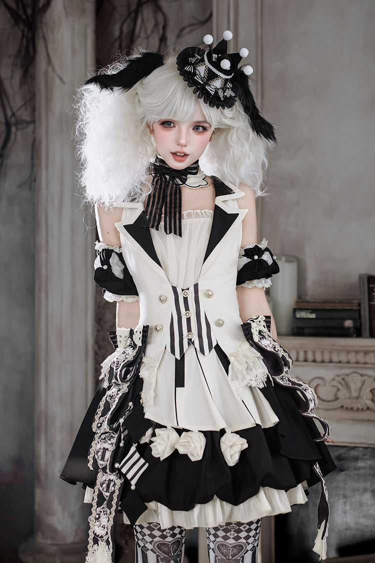 Black/White [Candy Cane] Sleeveless Printed Ruffled Bow Gothic Lolita Skirt Full Set