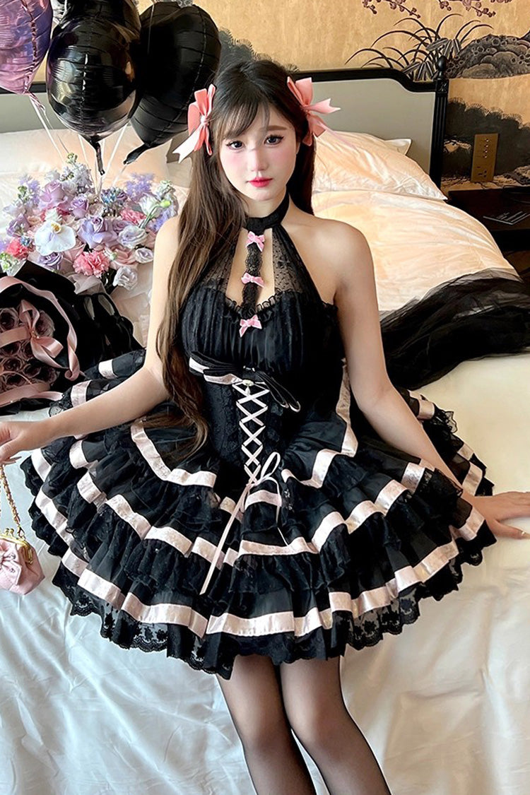Black [Ballet Dream] Halterneck Triple-Layered Ruffle Bowknot Lace-Up Sweet Princess Lolita Dress