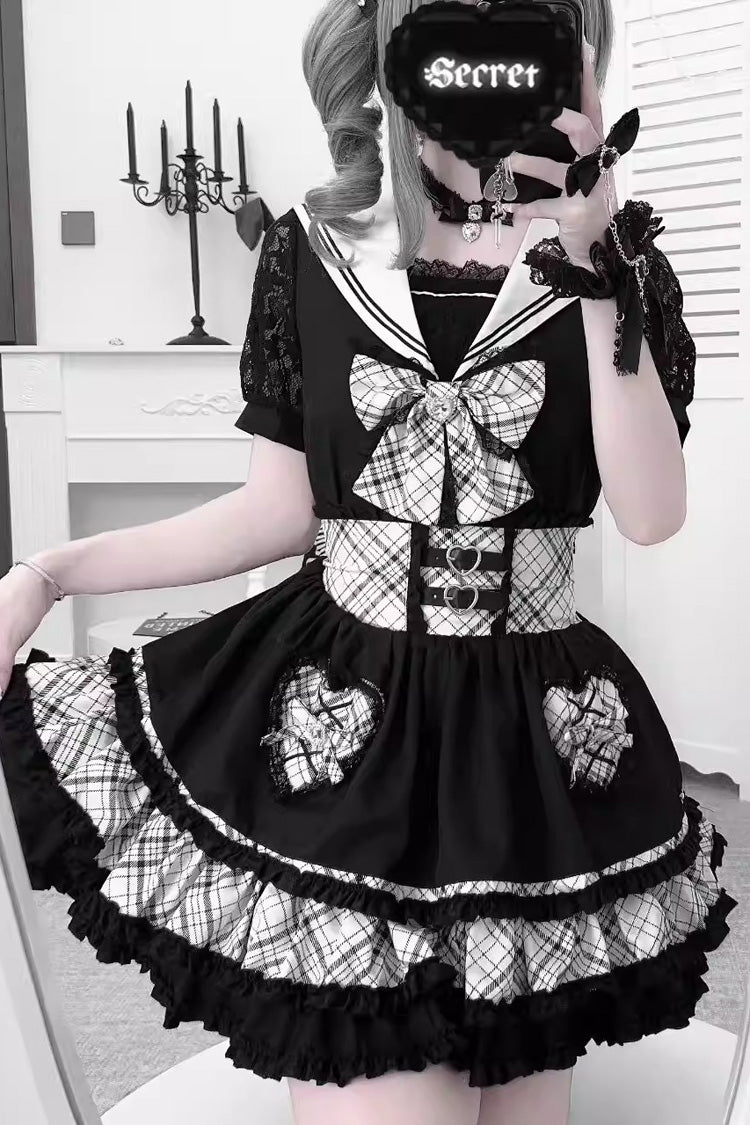 Black/White Navy Collar Short Sleeves Printed Ruffled Bow Jirai Kei Japanese Skirt and Blouse Set
