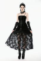 Black Women's Gothic Embroidered Lace Hem Ruched Slip Wedding Dress