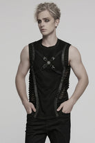 Black Round Collar Sleeveless Stitching Mesh Buckle Men's Punk Vest