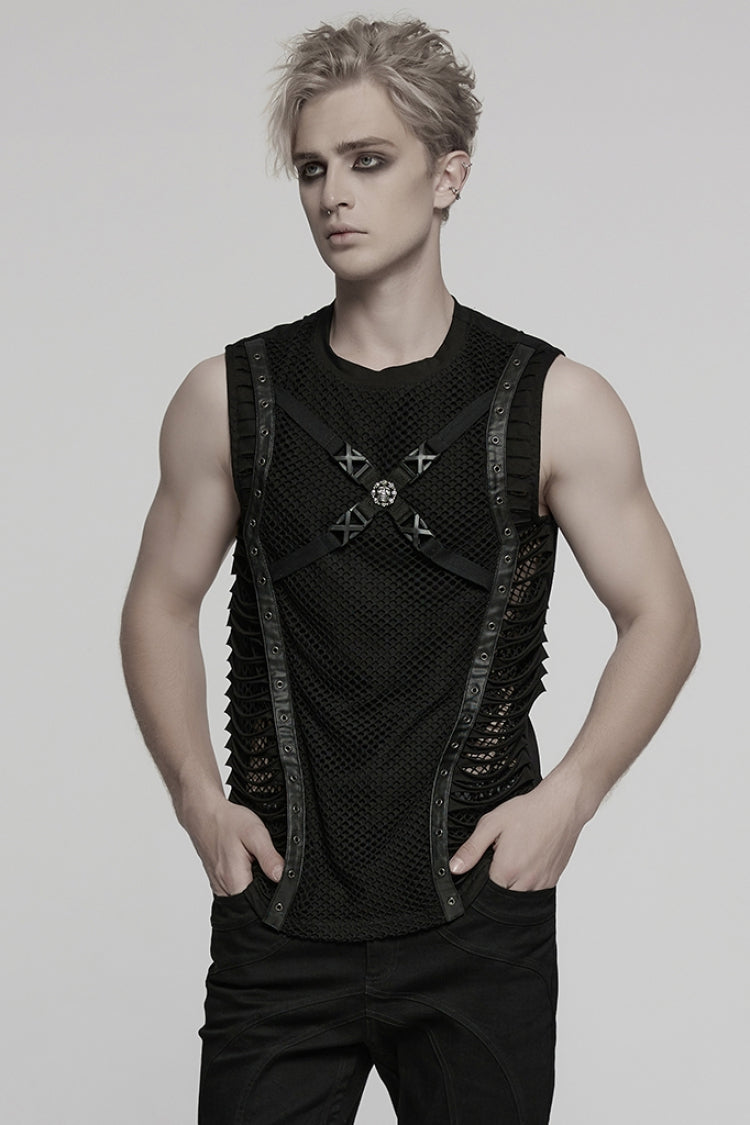 Black Round Collar Sleeveless Stitching Mesh Buckle Men's Punk Vest