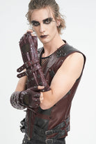 Red Spliced Mesh Studded Buckled Men's Gothic Accessory Half-finger Gloves