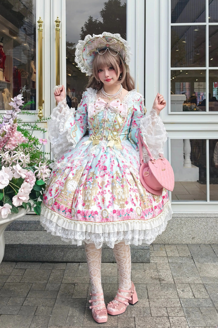 Mint Green/Pink [Rose Garden Prelude] Square Collar Long Trumpet Sleeves Printed Ruffled Bow Lace Lace-Up Sweet Lolita Dress