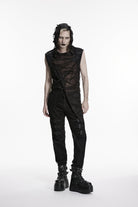 Black Sleeveless Cut-Out Spliced Lace-Up Hooded Sheer Asymmetric Eyelet Men's Punk Handsome Vest