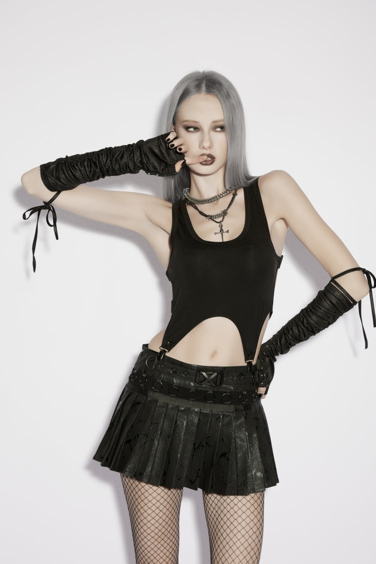 Black Printed Women's Punk College Style Cool Pleated Skirt
