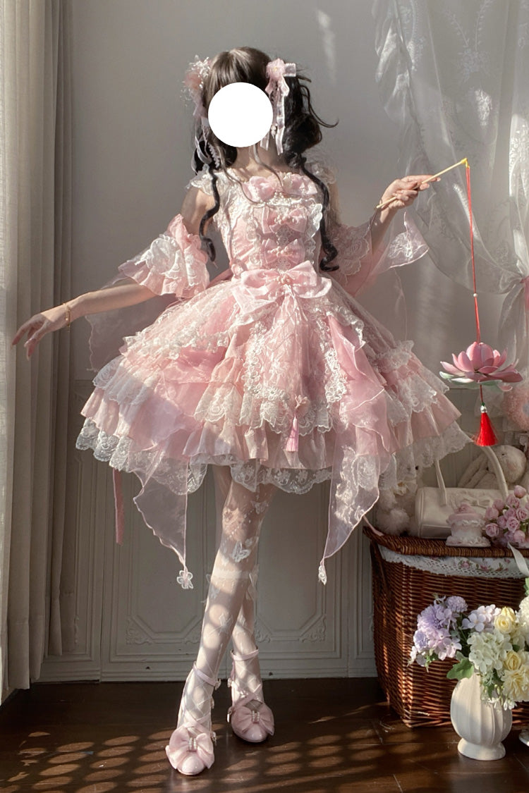 Pink [Spring Waters Reflecting Pear Blossoms] Ruffled Embroidered Open-Front Bow Lace Sweet Lolita Jsk Dress