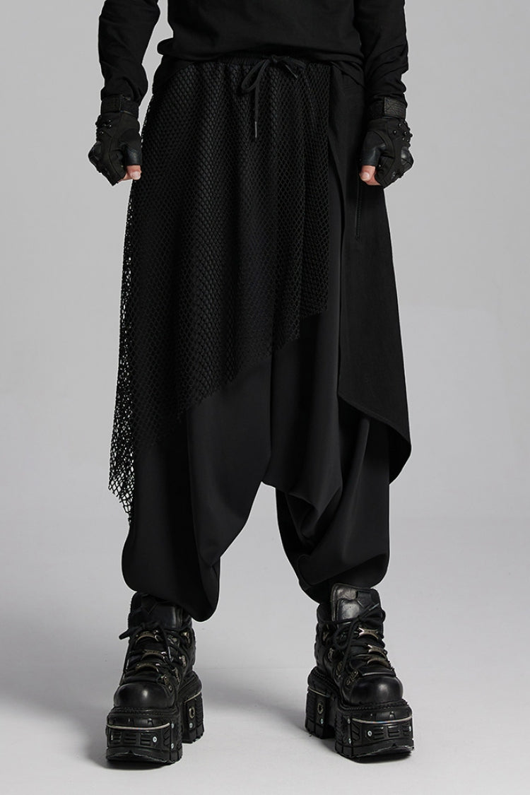 Black Mesh Asymmetric Zipper Men's Punk Pants