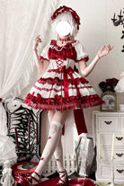 White/Red [Layered Red Velvet] Short Sleeves Ruffle Bowknot Lace Sweet Lolita Dress