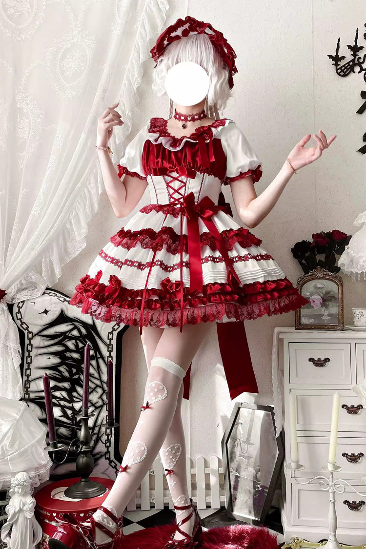 White/Red [Layered Red Velvet] Short Sleeves Ruffle Bowknot Lace Sweet Lolita Dress