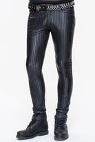 Black Autumn And Winter Vertical Stripes Elastic Punk Leather Mens Pants