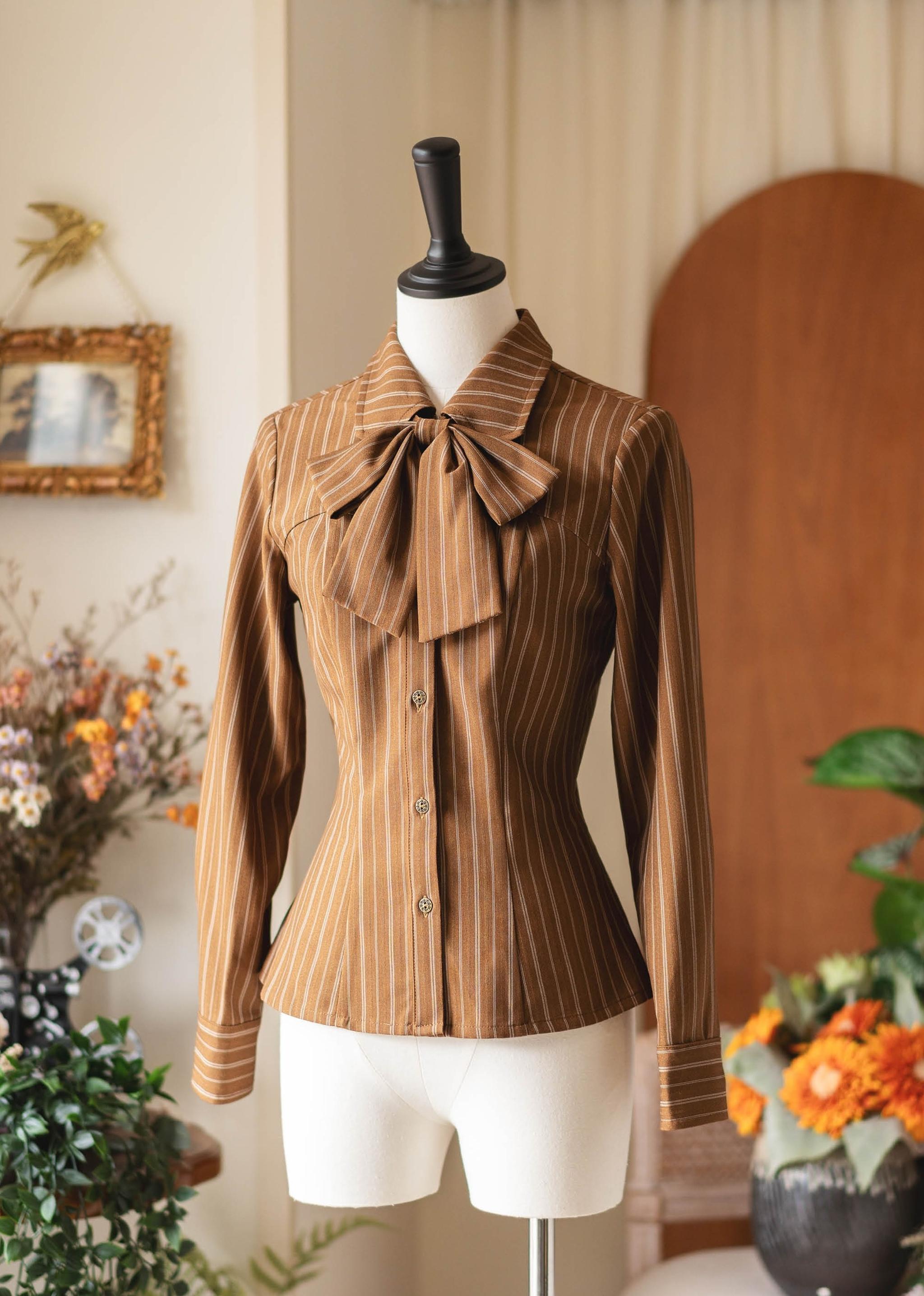 Forest Ode - Classic Lolita Striped Shirt, Detachable Bow Tie