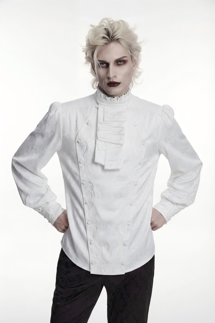 White Stand Collar Long Lantern Sleeves Jacquard Embroidered  Men's Gothic Palace Shirt with Detachable Tie