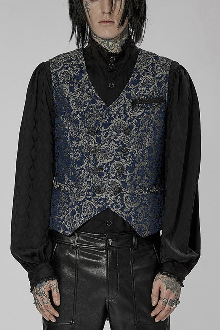 Blue Punk Gorgeous V Neck Asymmetrical Relief Sculpture Jacquard Double Row Hand Seam Button Men's Vest