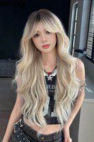 Black/Gold Ombre Sweet Lolita Natural Fluffy Long Big Wavy Wig with Curtain Bangs