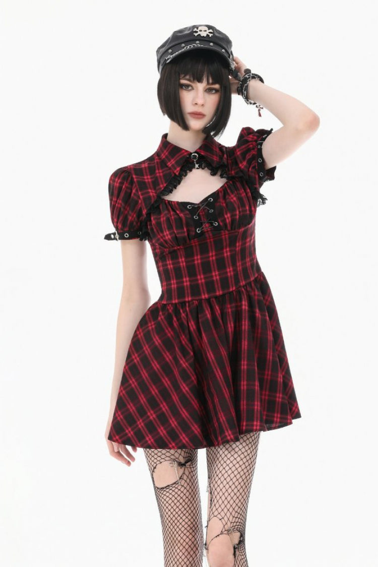 Black/Red Plaid Turn-Down Collar Cut-Out Short Sleeves Lace-Up Women's Punk Retro Mini Dress