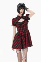 Black/Red Plaid Turn-Down Collar Cut-Out Short Sleeves Lace-Up Women's Punk Retro Mini Dress