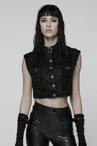 Black Stand Collar Sleeveless Ripped Buckle Women's Punk Short Vest