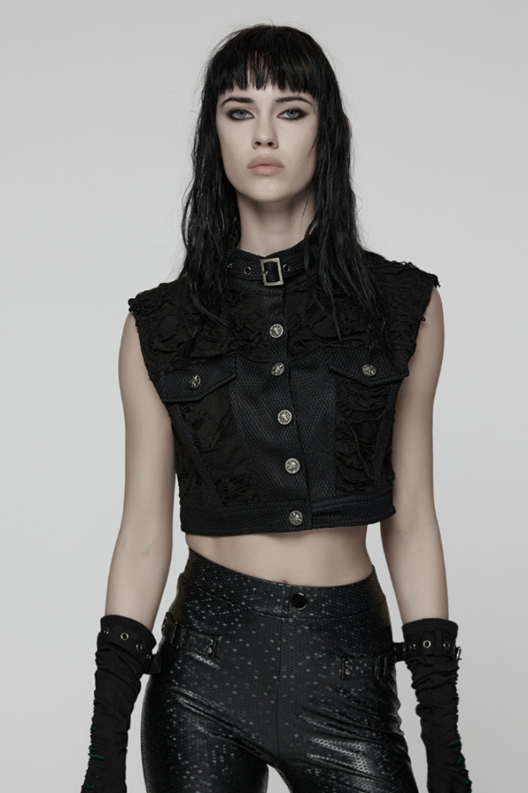 Black Stand Collar Sleeveless Ripped Buckle Women's Punk Short Vest
