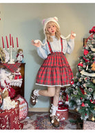 Christmas Vintage Lolita Skirts Doll Collar Blouse Plaid Skirt Set