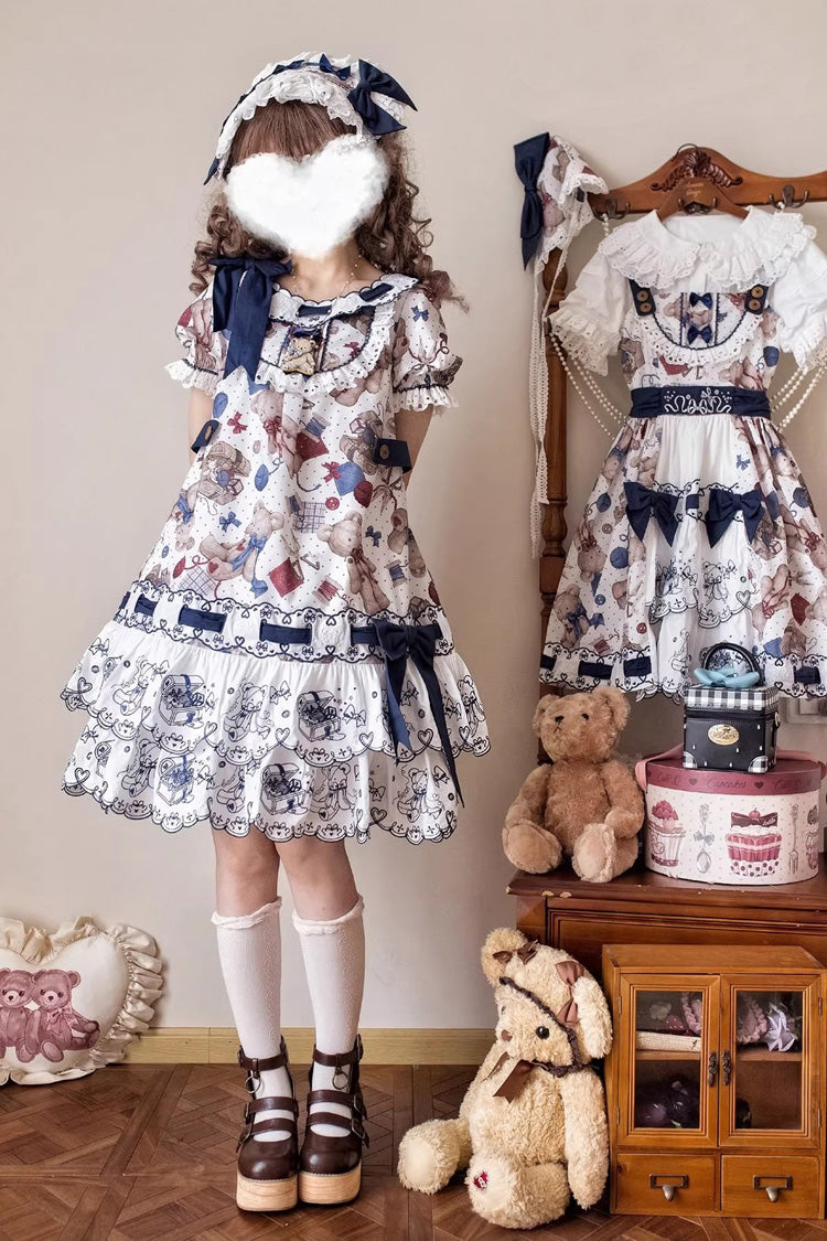 Multi-Color [Little Bear Tailor] Round Collar Short Sleeves Double-Layered Printed Ruffled Bow Sweet Lolita Dress