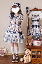 Multi-Color [Little Bear Tailor] Round Collar Short Sleeves Double-Layered Printed Ruffled Bow Sweet Lolita Dress